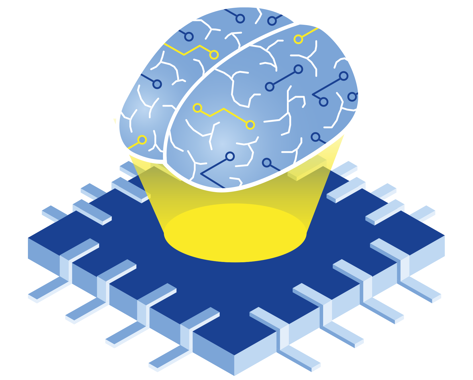 Isometrische Illustration eines Computerchips mit einem Gehirn