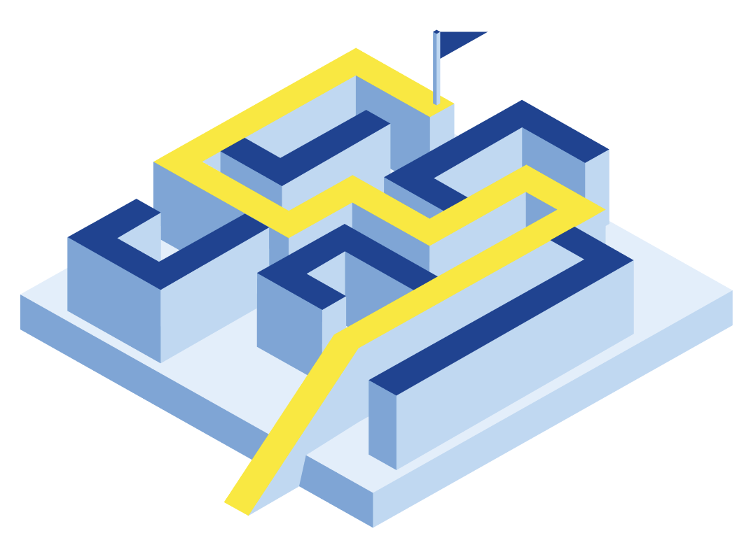 Isometric illustration of the correct route to the destination in a maze